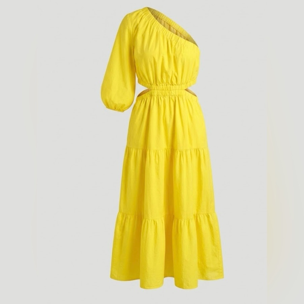 Hot Trend One-Shoulder Yellow Summer Midi Dress with Cutout-100% Cotton-Size M